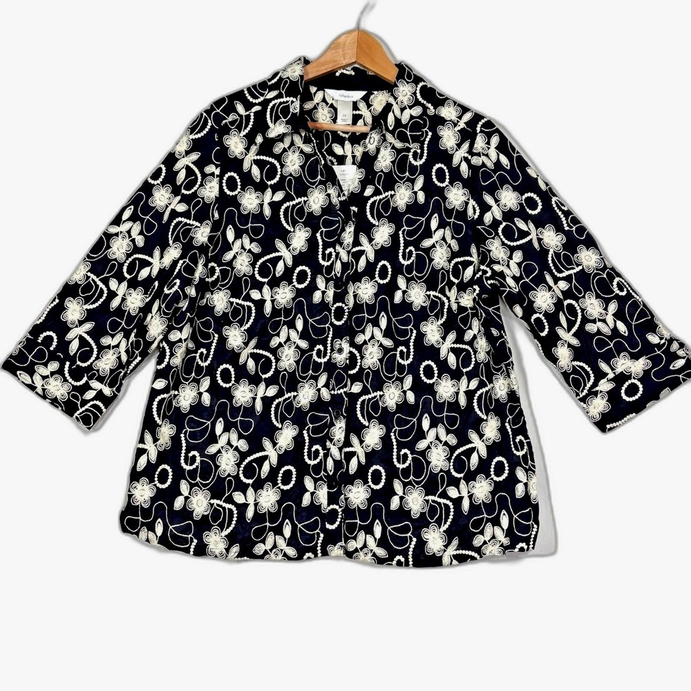 cj banks Button Down Shirt Black White Floral Embroidered Cotton Boho Classic 1X